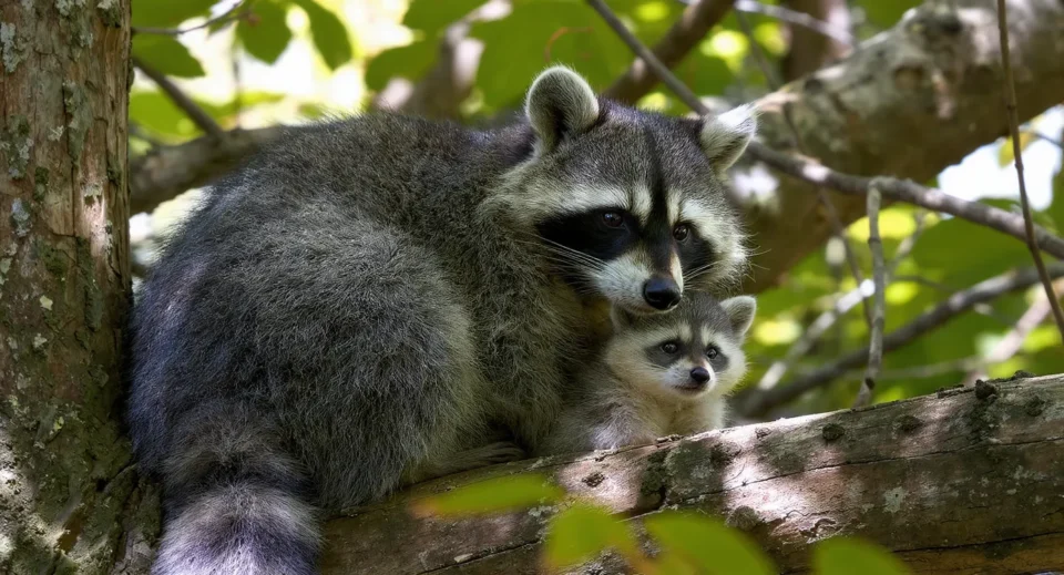 Waschbär mit Nachwuchs